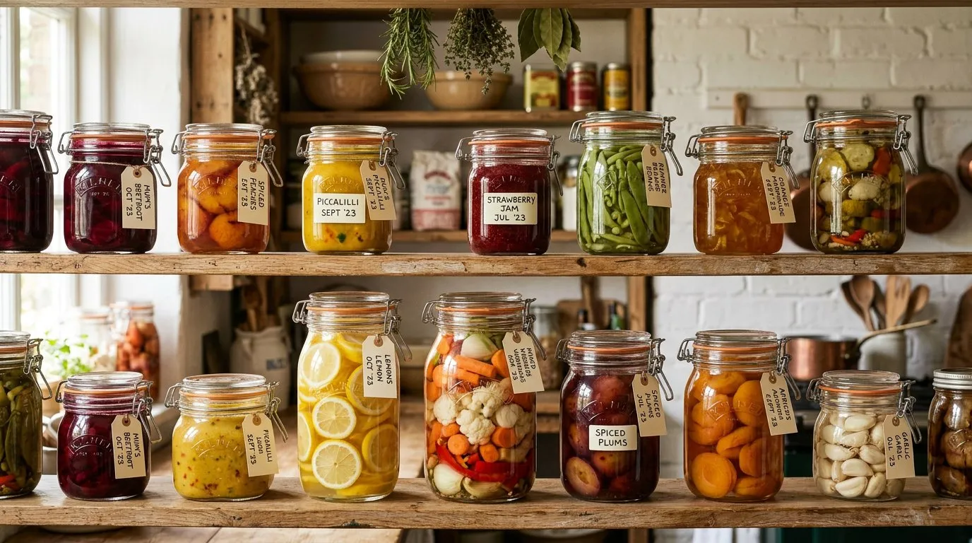 Row of Kilner jars filled with bottled tomatoes, pickled beetroot, and preserved plums on a shelf