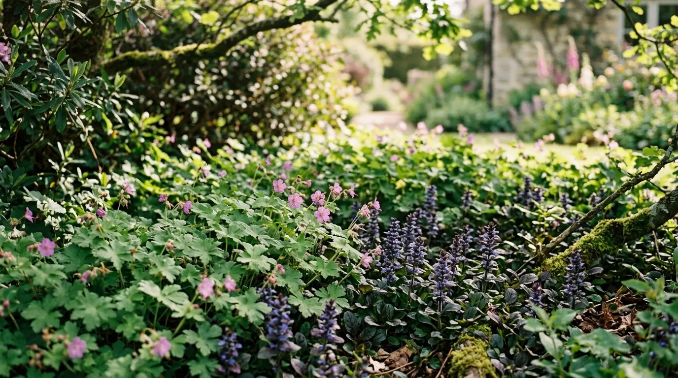 Dense ground cover plants preventing weeds without chemicals in a UK cottage garden border