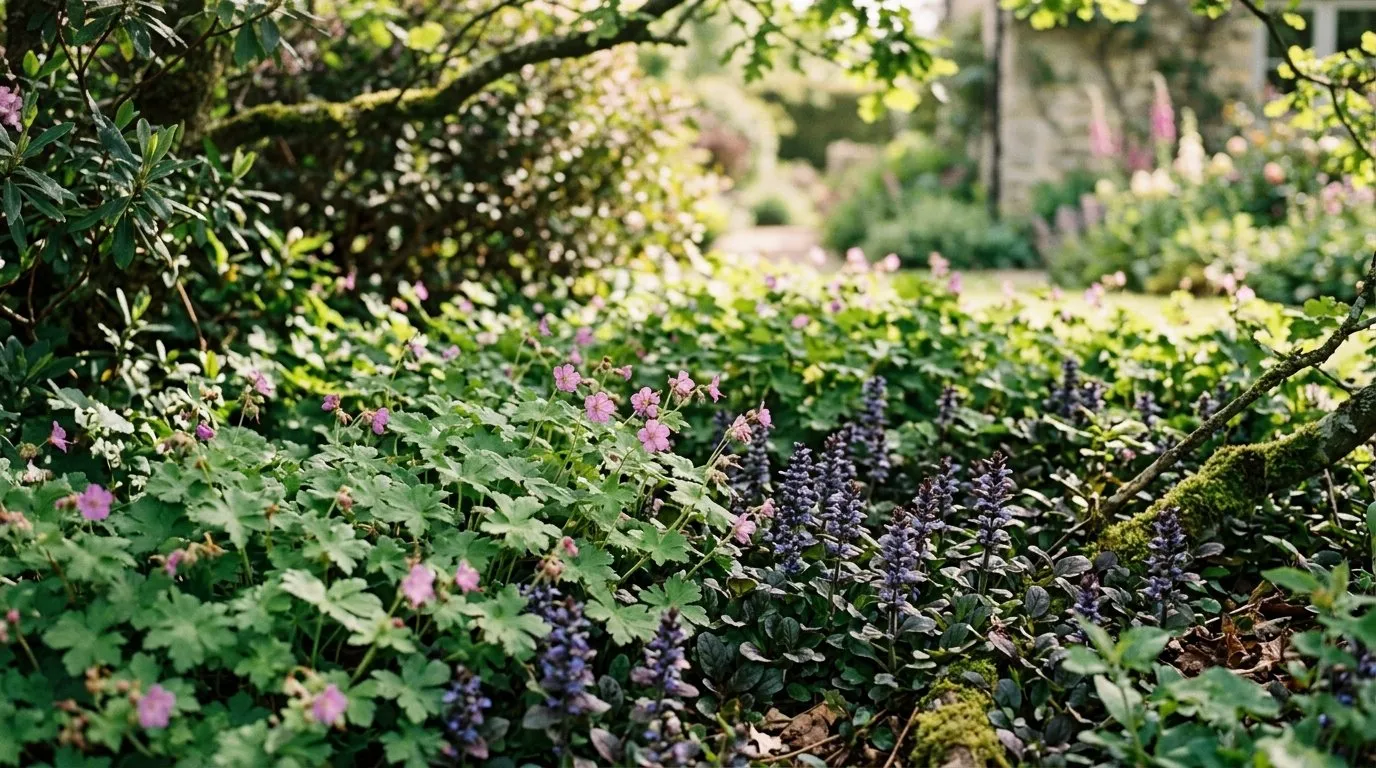 Dense ground cover plants stopping weeds without chemicals in a UK cottage garden border