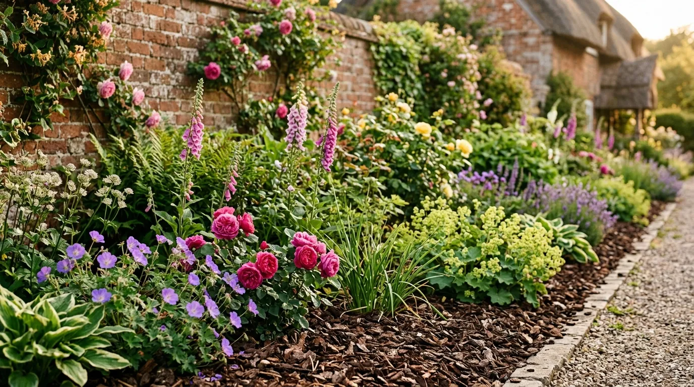 Thick bark mulch preventing weeds without chemicals around shrubs in a sunny UK garden border