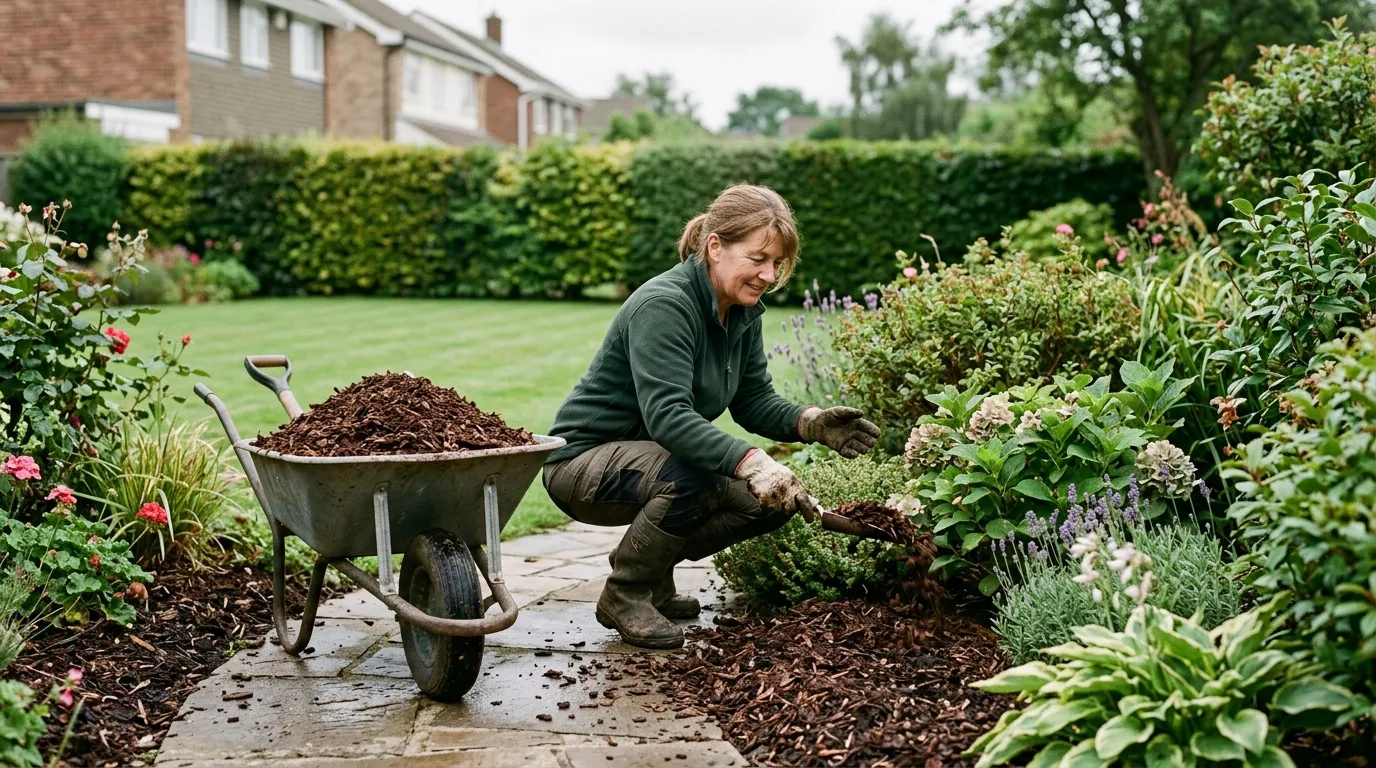 Gardener spreading bark chip mulch to prevent weeds without chemicals in a UK garden border