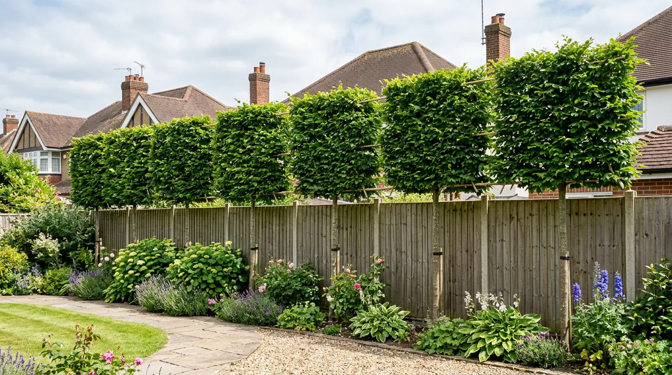 Pleached Hornbeam trees forming a privacy screen above a garden fence in a UK suburban garden