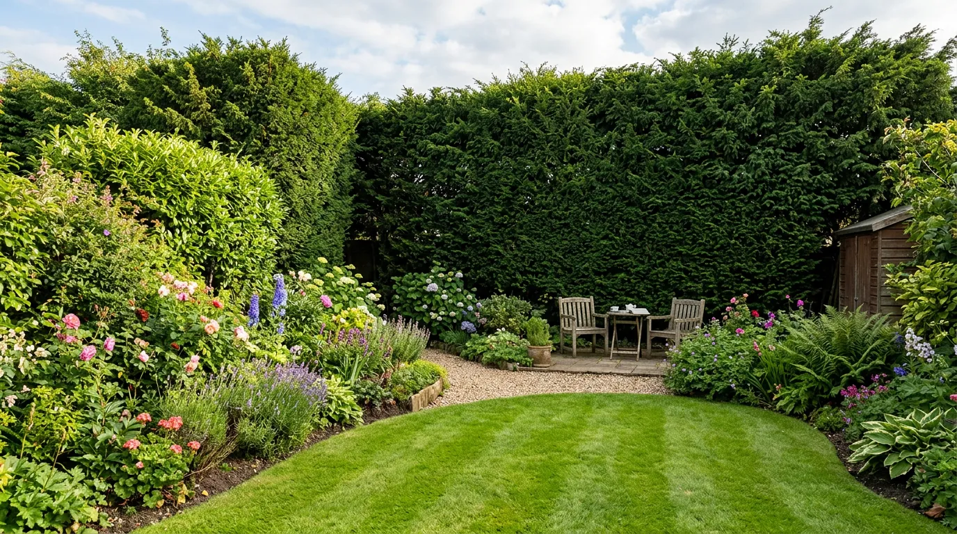 Privacy screening hedge of Western Red Cedar in a UK garden with pleached hornbeam trees
