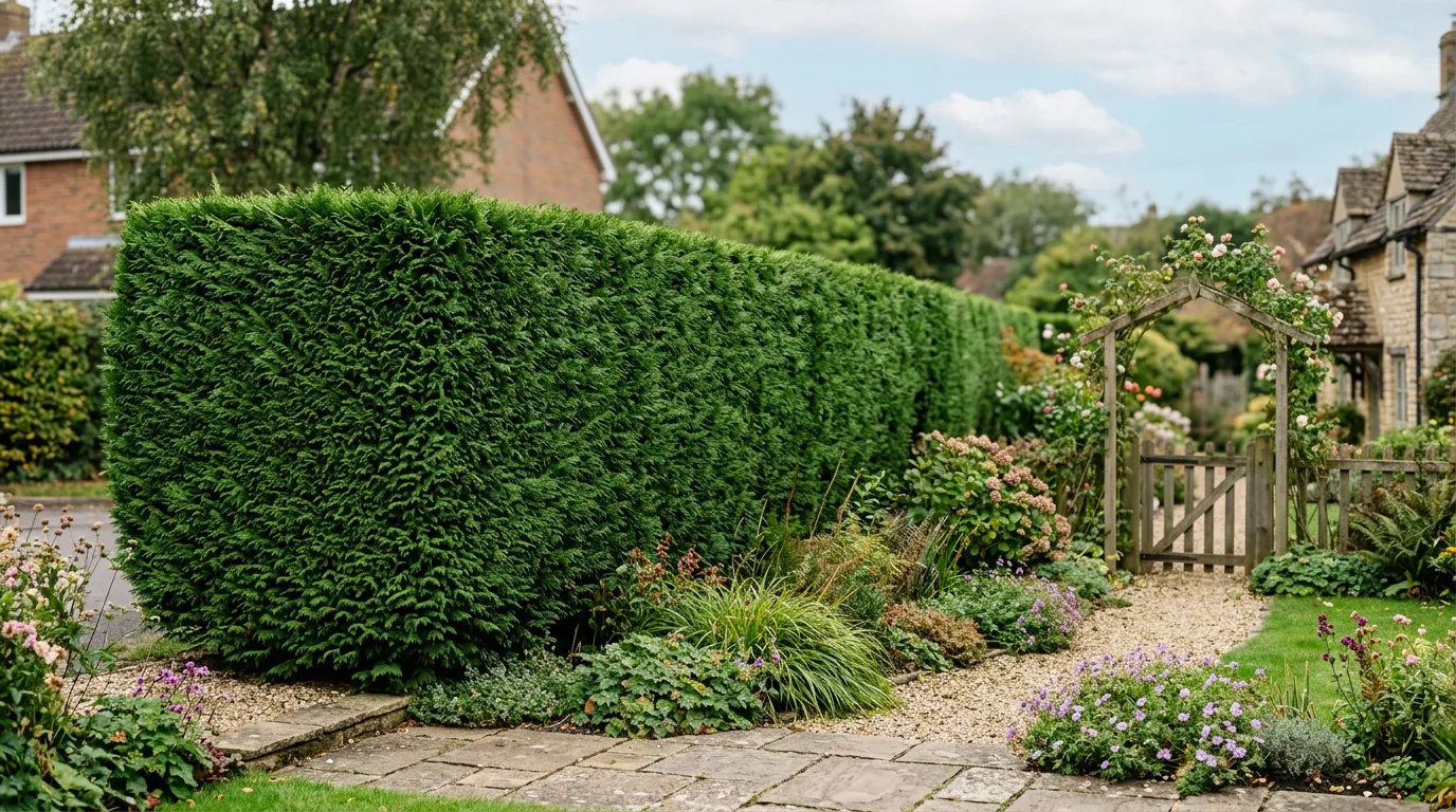 Western Red Cedar hedge providing dense privacy screening along a UK garden boundary