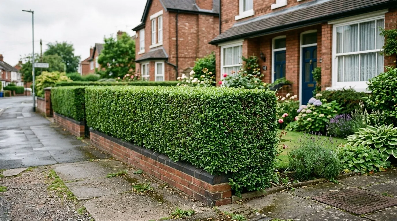Neatly trimmed green privet hedge along a suburban front garden boundary in UK summer light