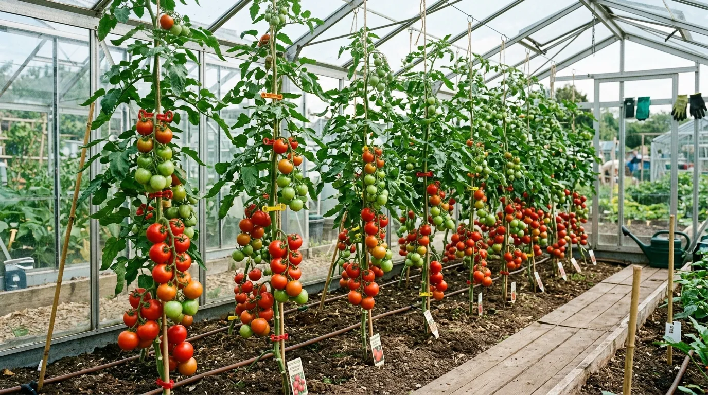 Cordon tomato row in a UK greenhouse with truss-support clips and string supports holding ripening fruit