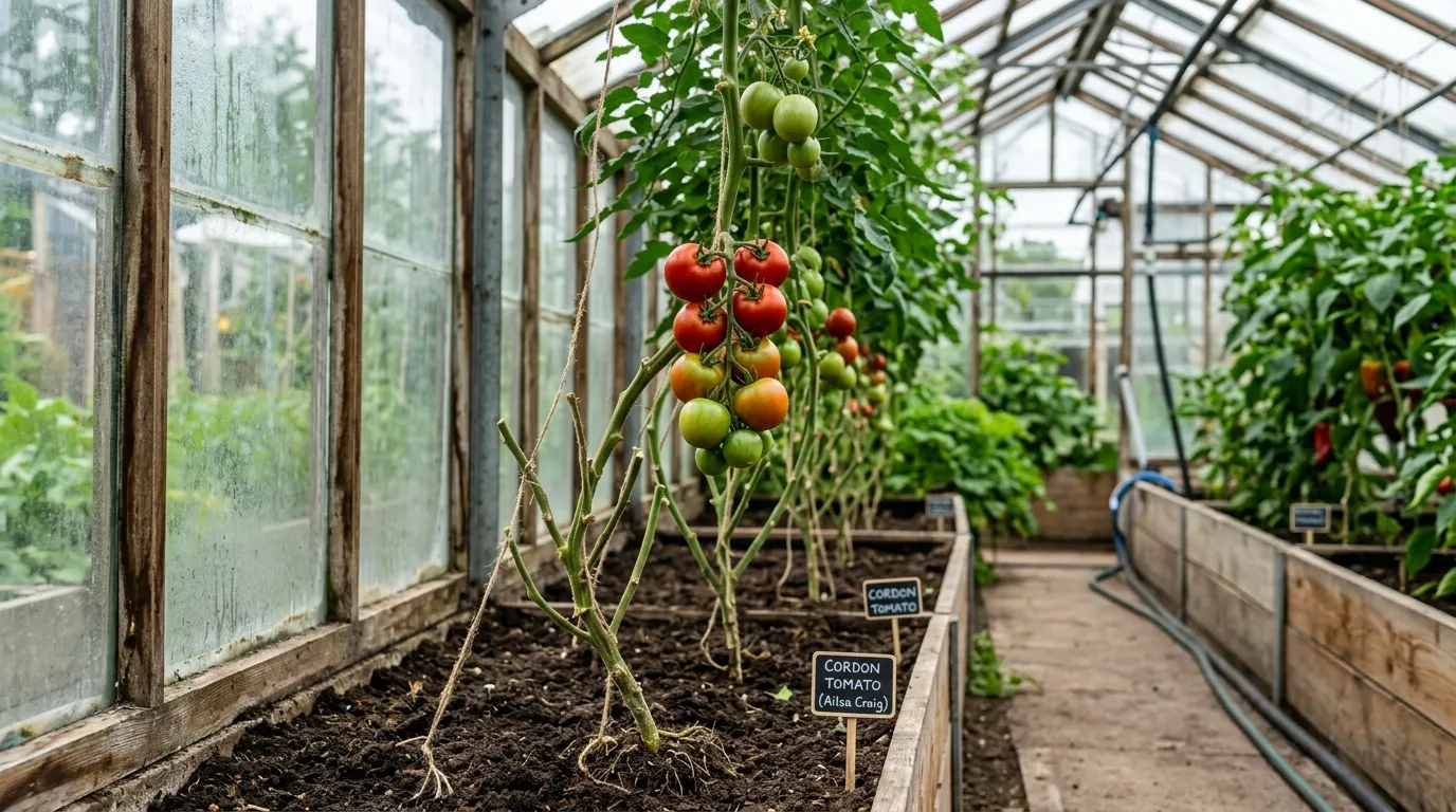 Lower tomato leaves removed to expose the stem and ripening truss for airflow in a greenhouse
