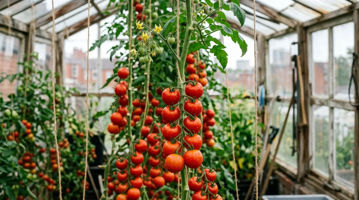 Ripe red cordon tomato trusses in a UK greenhouse, advanced tips for growing tomatoes for higher yield