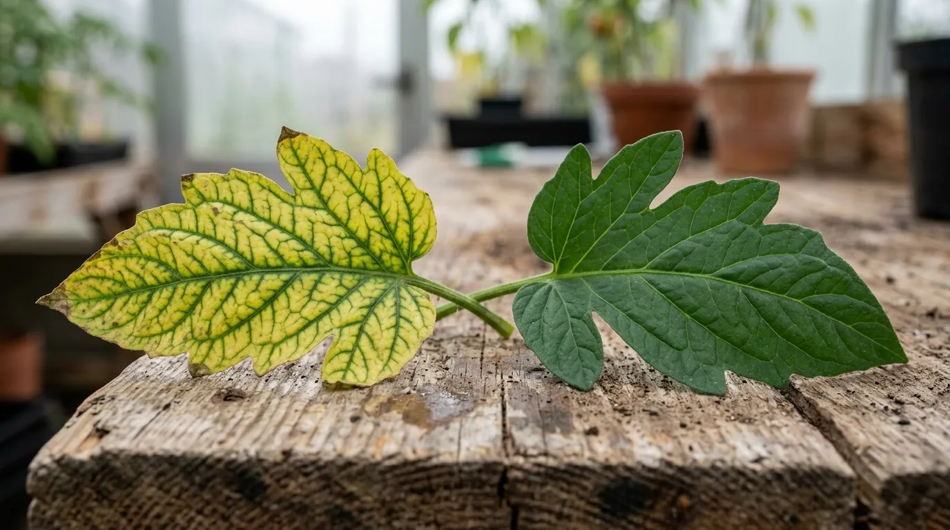 Comparison of a magnesium deficient tomato leaf with interveinal yellowing beside a healthy green leaf