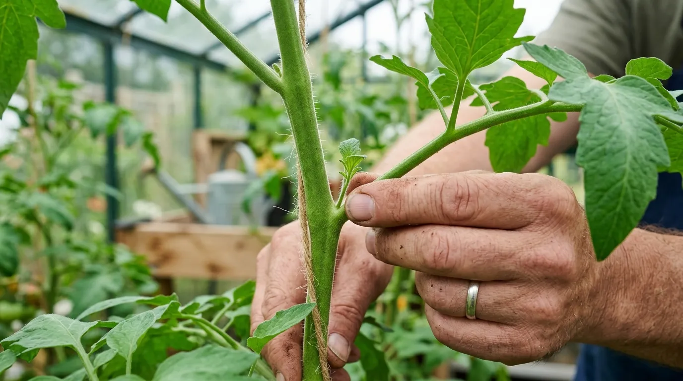 Close up of fingers pinching a side-shoot from the leaf axil of a cordon tomato plant