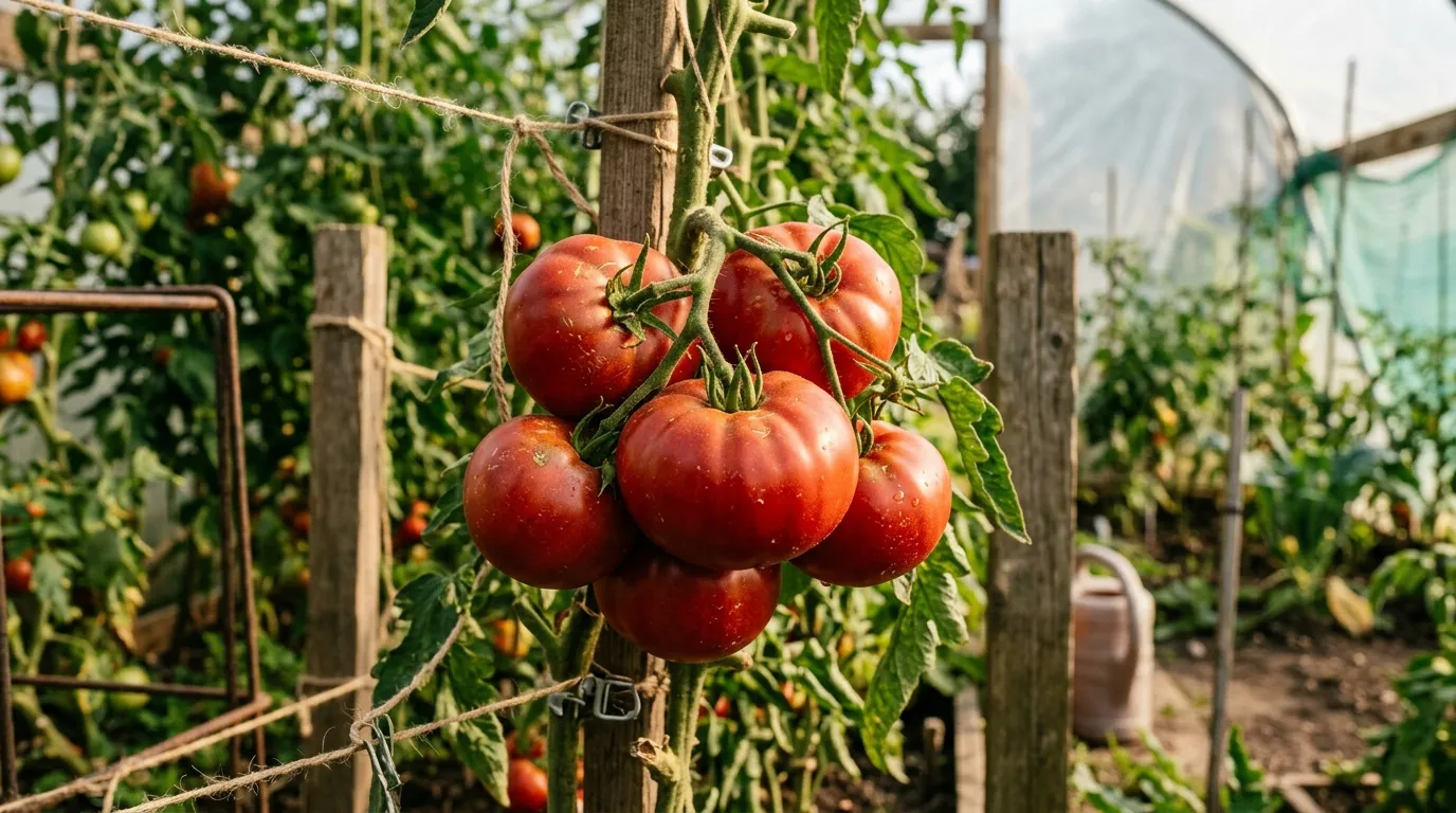Ripe red tomato truss ready to harvest in a UK allotment tomato house