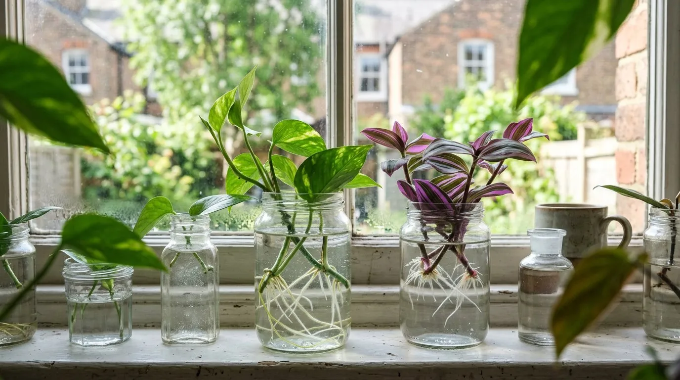 Houseplant stem cuttings rooting in glass jars of water on a bright UK windowsill