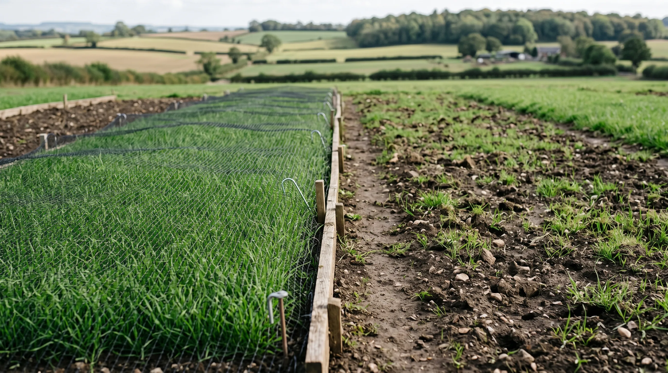 A diagnostic comparison of two parallel UK seedbeds, the left protected with netting showing dense even grass coverage at 4 weeks, the right unprotected showing patchy bare areas where birds removed seed