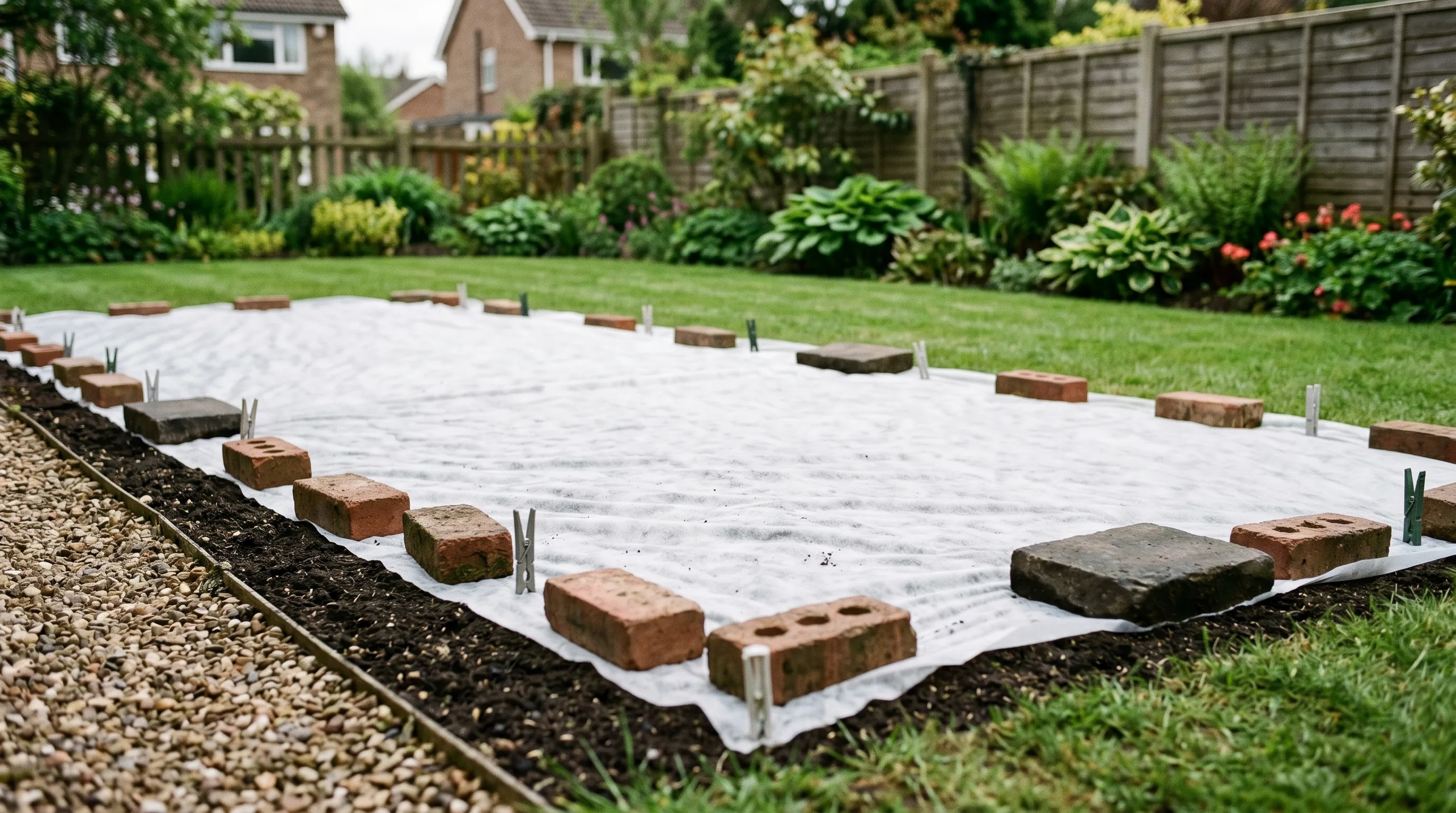 A UK lawn area showing horticultural fleece laid directly over freshly sown grass seed, with the fleece weighted at all edges with bricks and pegs to prevent wind lift