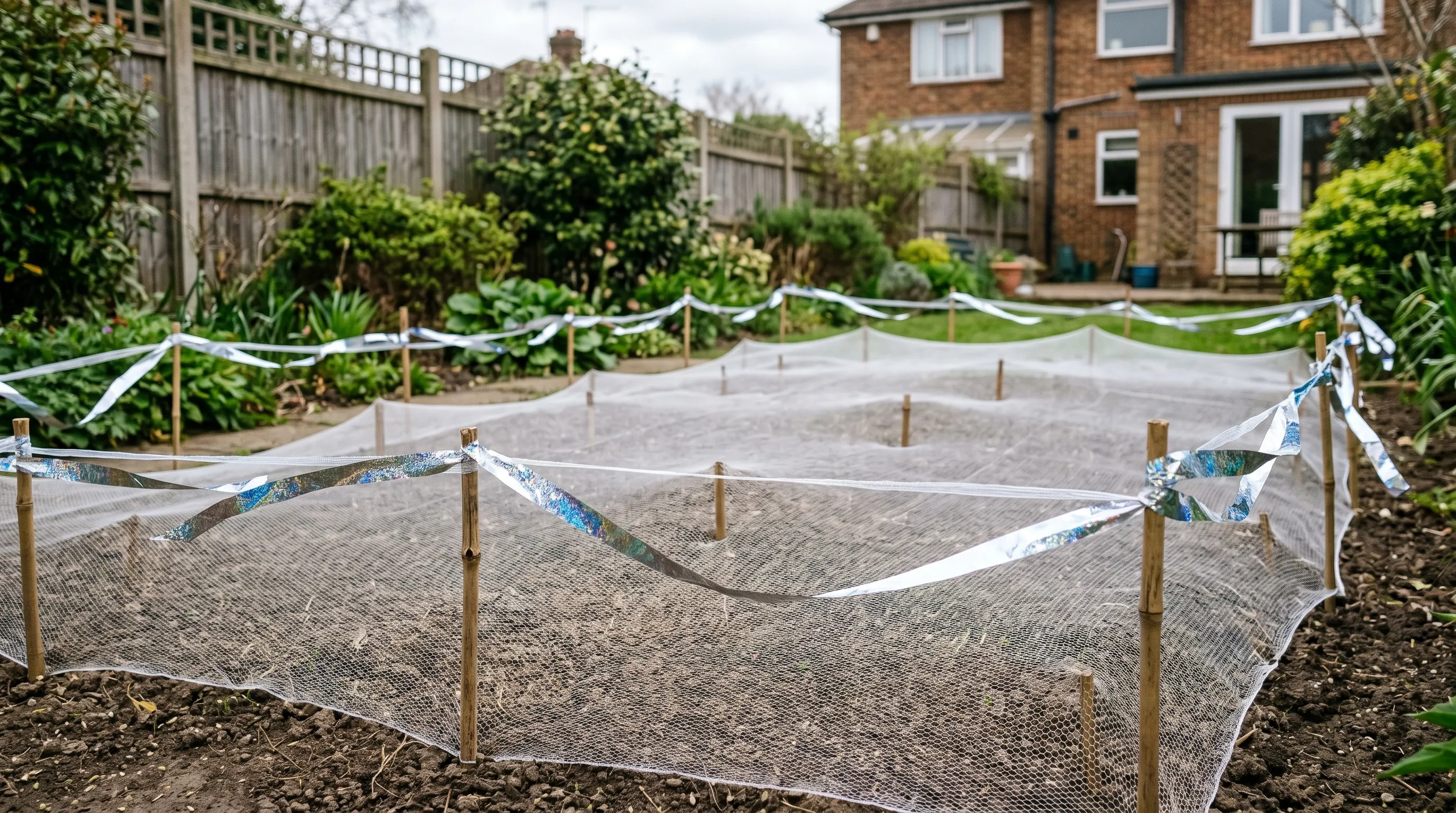 A UK back lawn with newly sown grass seed protected by fine mesh netting stretched over short bamboo canes with shimmer tape attached around the perimeter