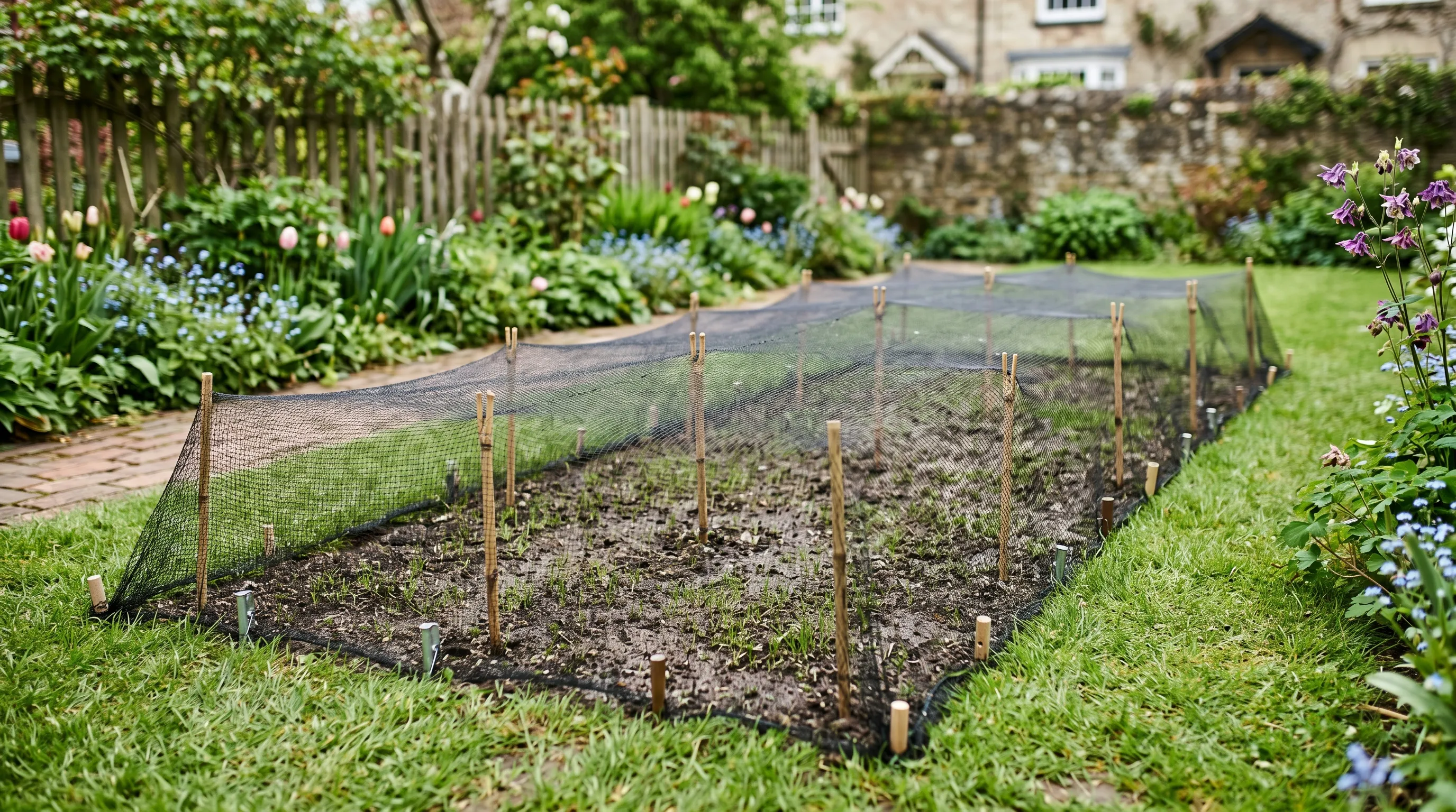 A UK back lawn with newly sown grass seed protected by fine mesh netting stretched over short bamboo canes, with the mesh held 100-150mm above the soil and pegged at all edges