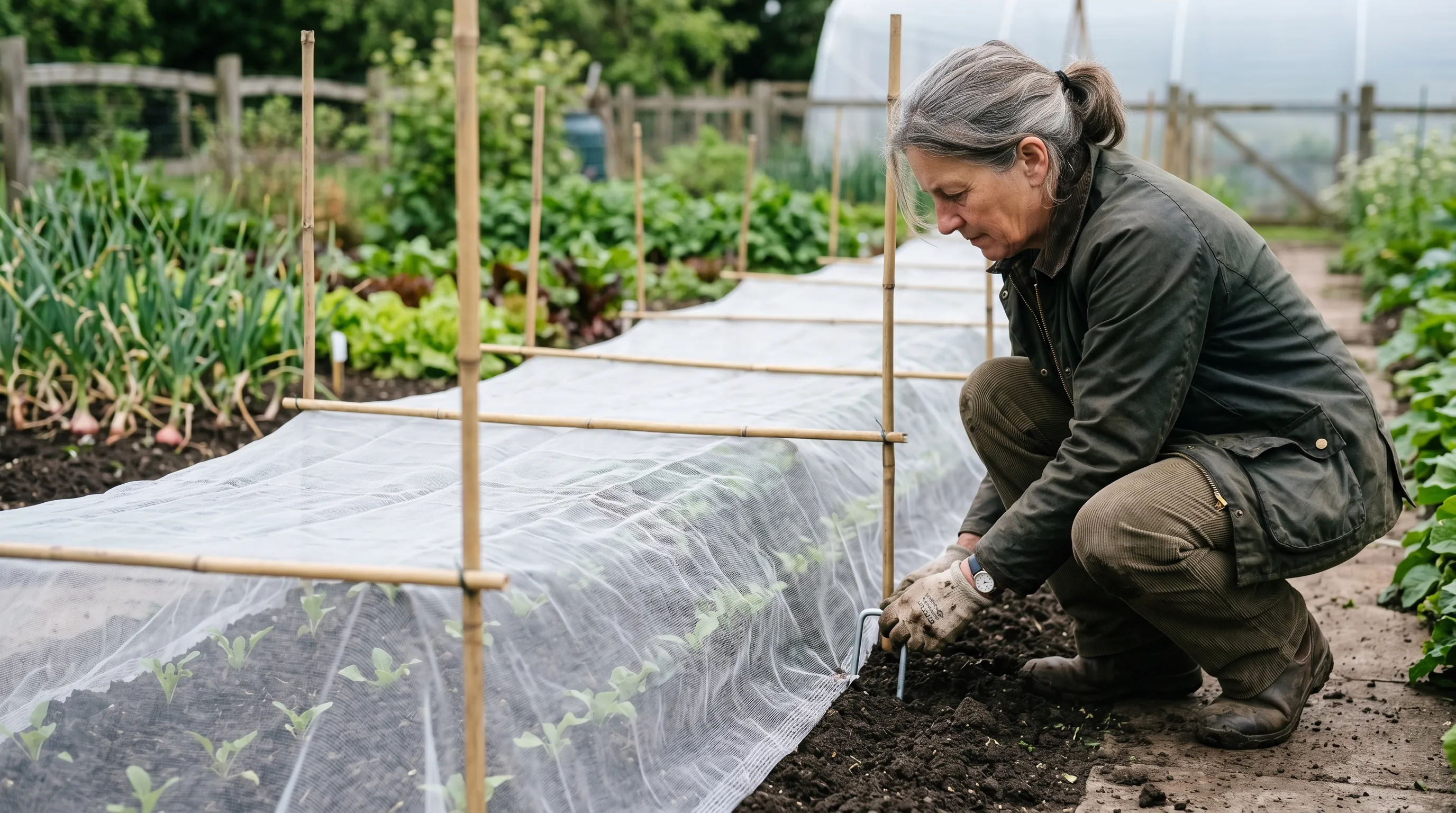A UK gardener pegging the edge of fine mesh netting with metal ground pegs, with bamboo canes visible holding the mesh 150mm above the freshly sown soil
