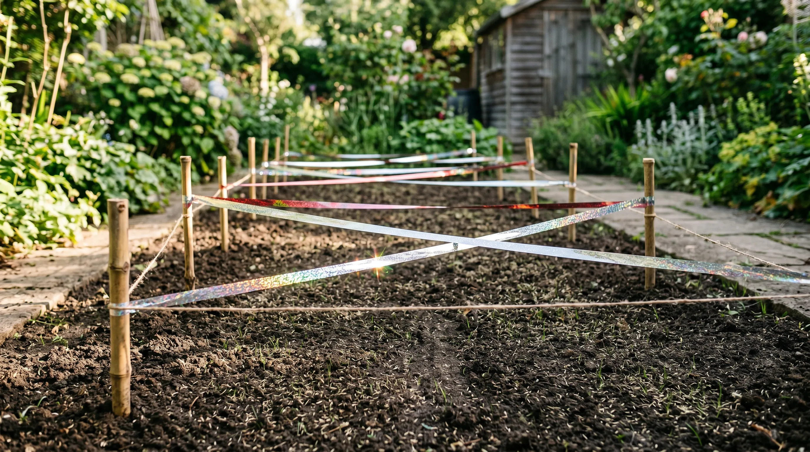 A UK garden showing newly sown grass seed area protected by shimmer tape strung between short bamboo canes in a cross pattern 250mm above the soil, with the tape reflecting morning sun
