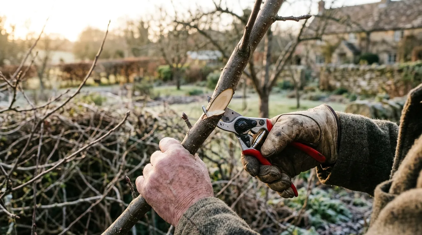Gardener using bypass secateurs to prune fruit trees in a dormant winter orchard in the English Midlands