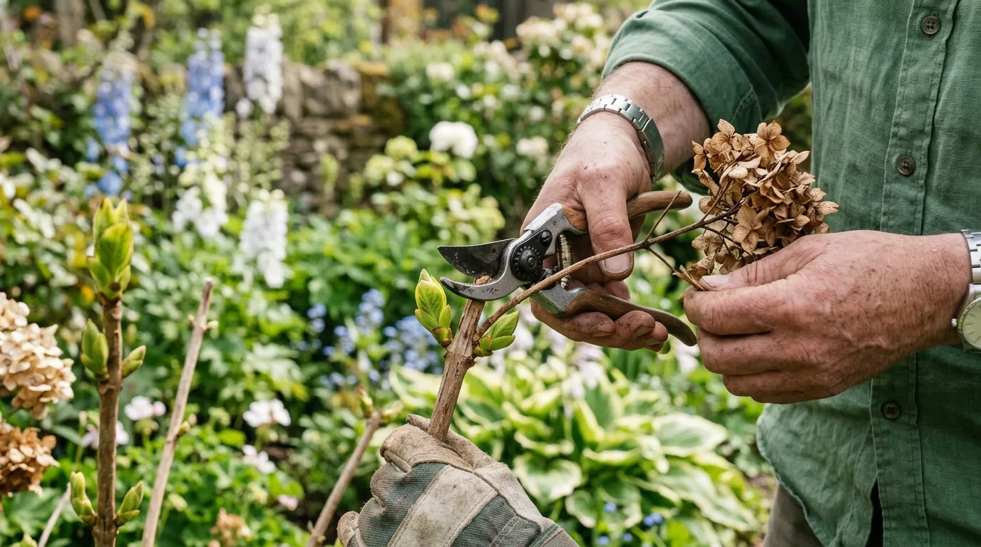 Gardener pruning hydrangea stems with bypass secateurs in a UK garden border showing correct cut above a strong bud pair