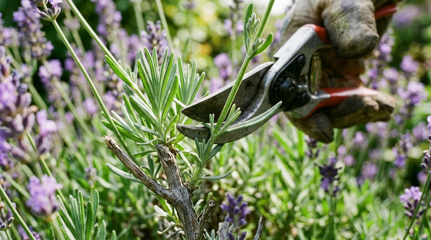 Close-up of a lavender stem showing the correct cut position above green growth with old bare wood visible below