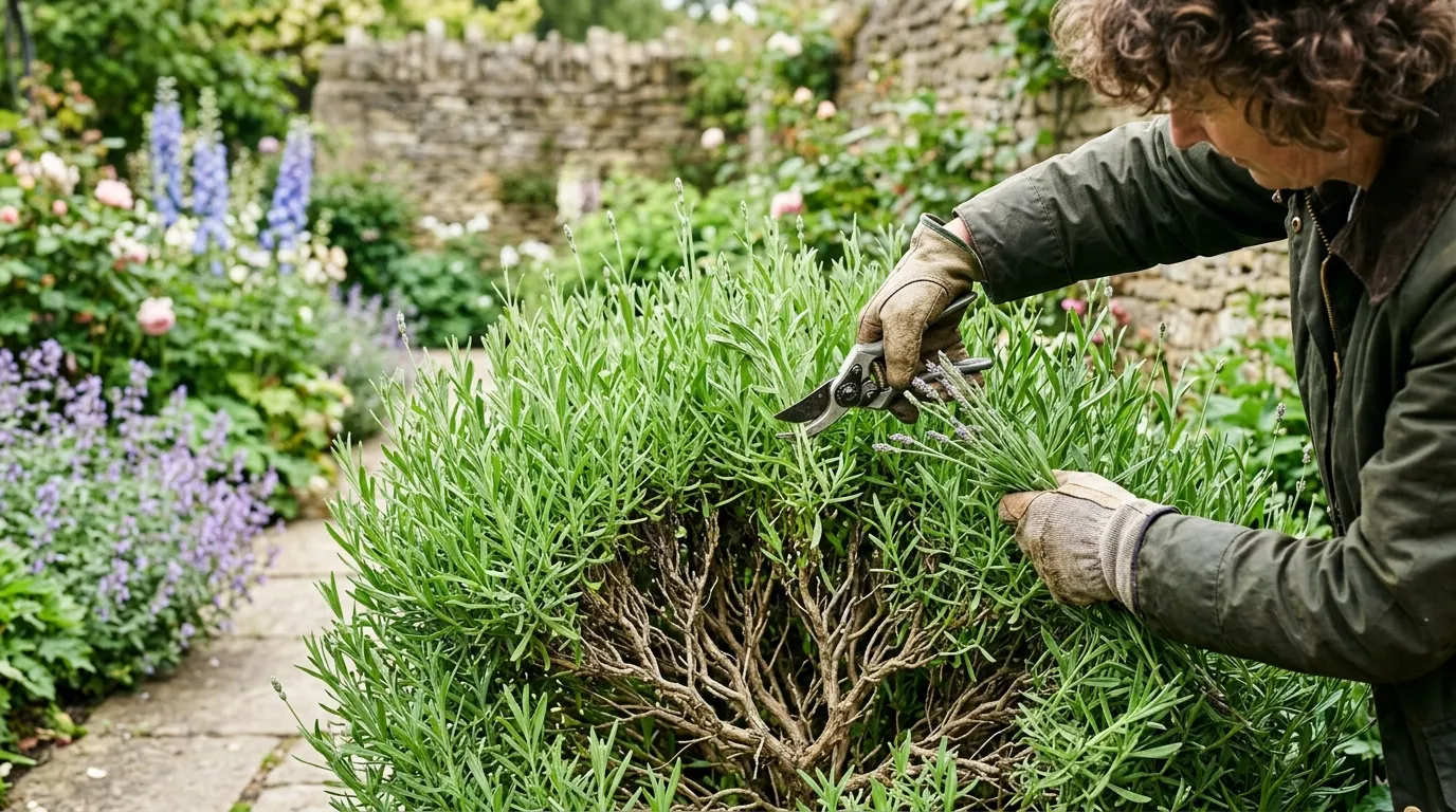 Diagram showing the one-third pruning rule on a lavender plant with the correct cut line marked above green growth