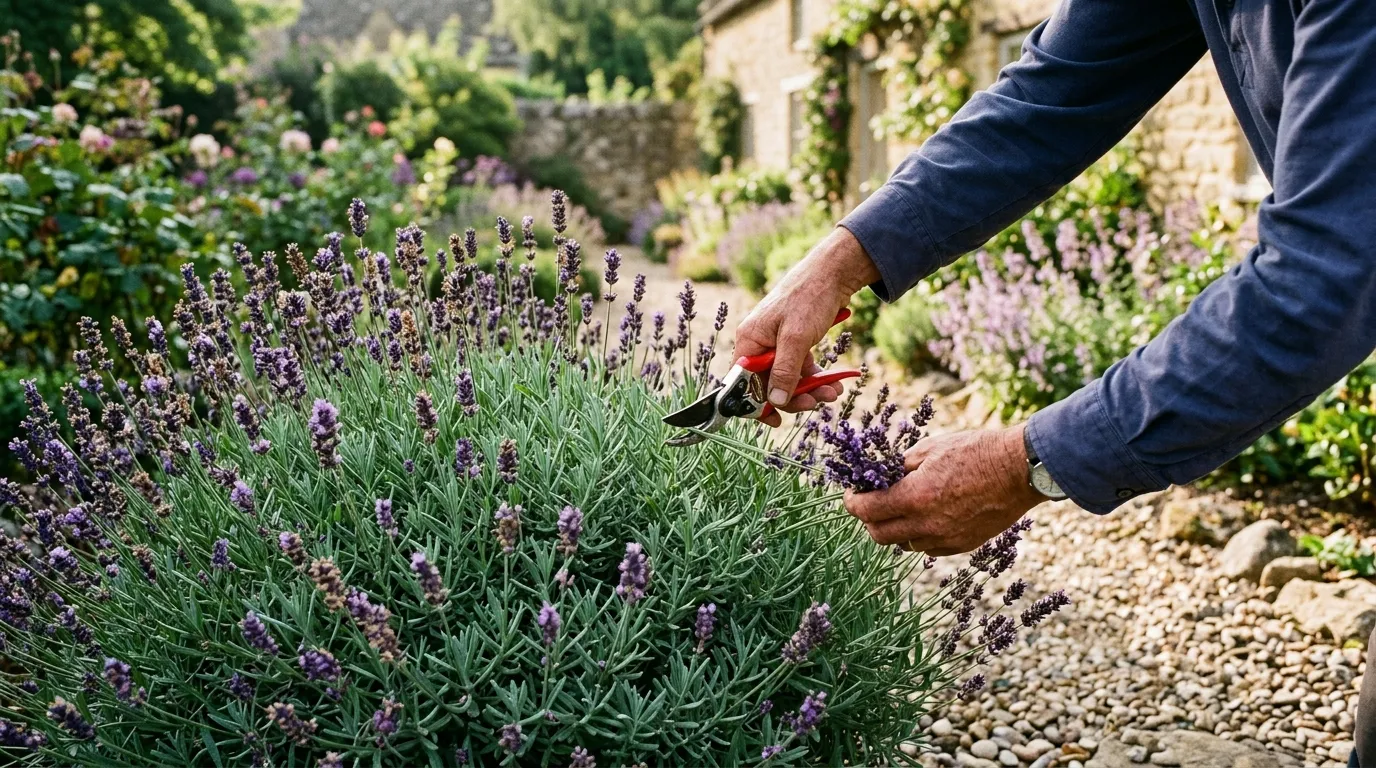 Gardener using sharp shears to prune lavender in a sunny UK garden border showing the correct cut line above green growth