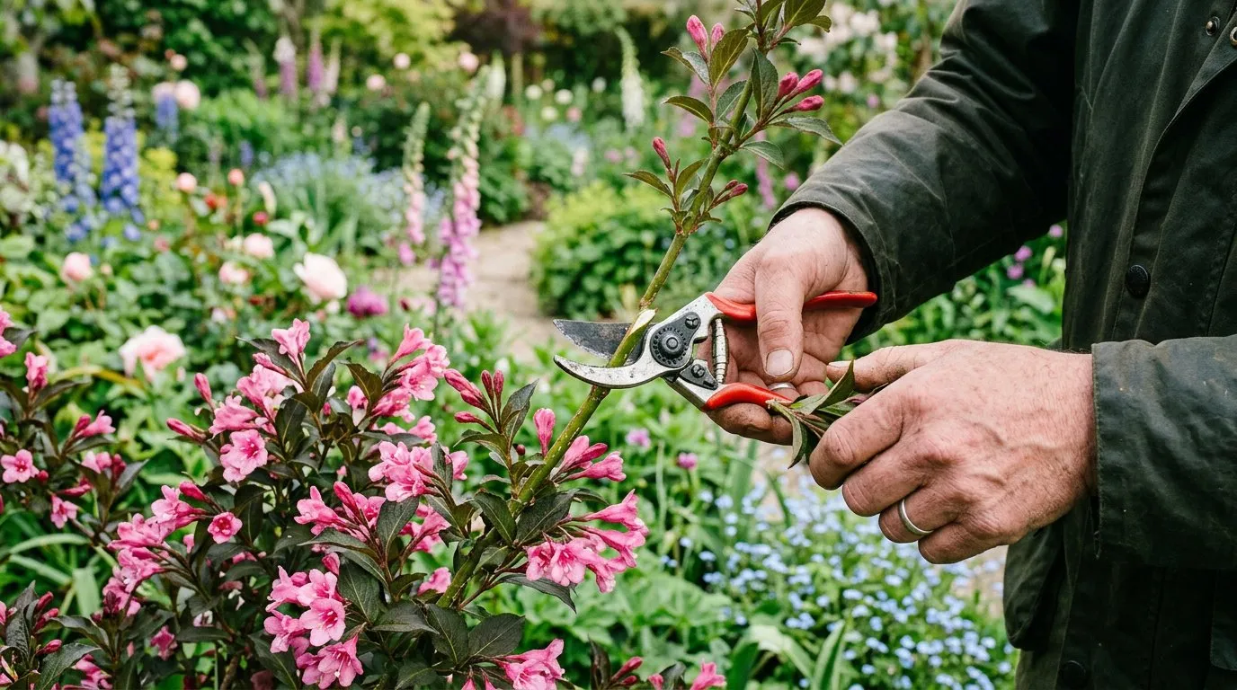 Gardener pruning a shrub with sharp bypass secateurs cutting a buddleja stem at an angle above an outward-facing bud in late February