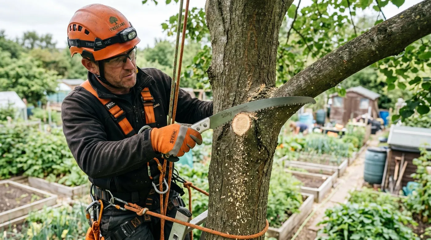 Arborist crown lifting a boundary lime tree, removing the lowest branch back to the collar with a clean cut