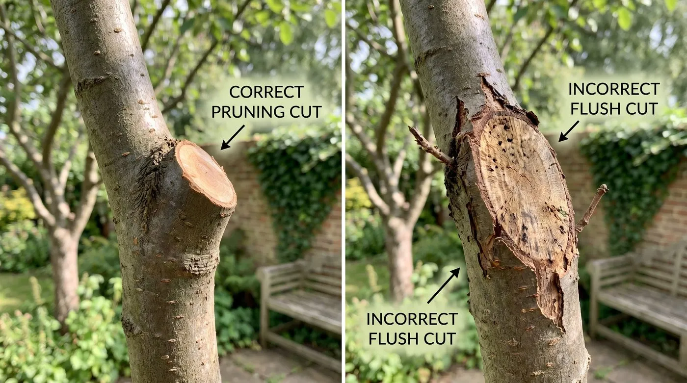 Close-up comparison of a correct collar cut next to a damaging flush cut and a rotting stub on a UK tree branch