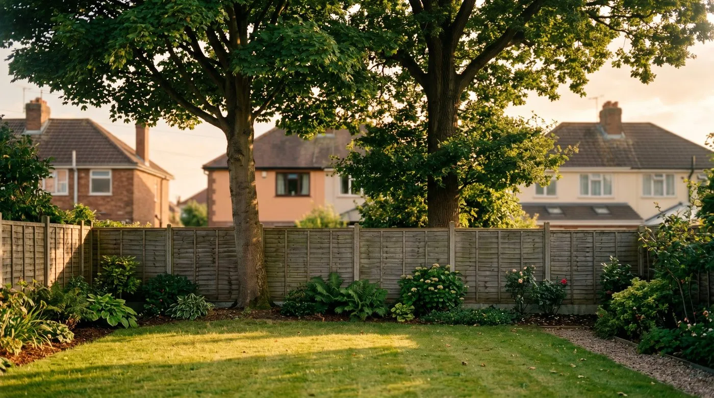 Crown-lifted boundary trees screening a UK suburban garden while letting low afternoon light reach the lawn beneath