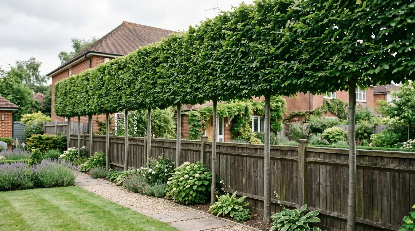 Pleached hornbeam trees screening a terraced city garden at first-floor height with a clear, light trunk space below