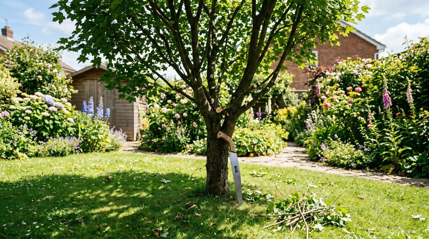 Diagram comparing crown lifting, crown thinning and crown reduction on the same UK boundary tree silhouette