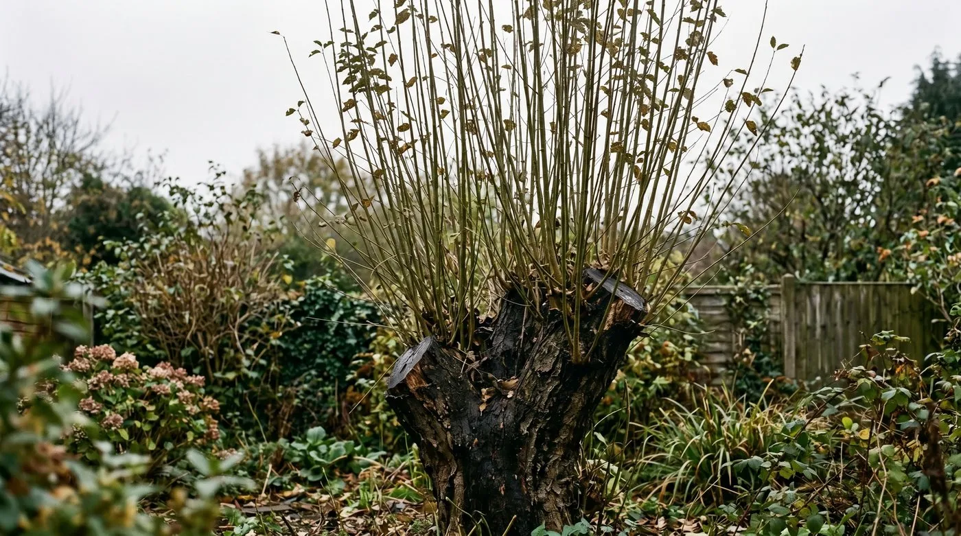 Dense vertical water shoots regrowing on a previously over-pruned UK boundary tree showing the cost of cutting too hard