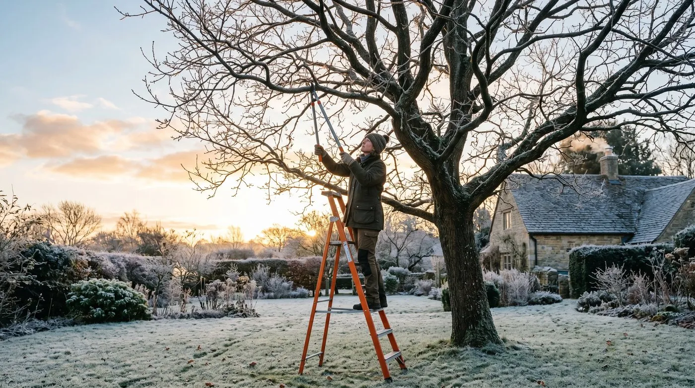 Bare boundary trees in a frosty UK garden in winter, the ideal dormant season for pruning deciduous species