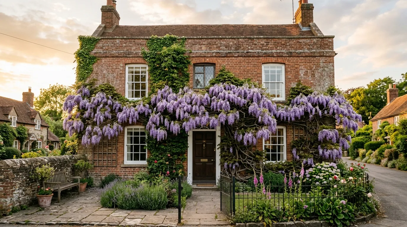 Gardener pruning wisteria shoots with sharp bypass secateurs on a south-facing brick wall in a UK garden