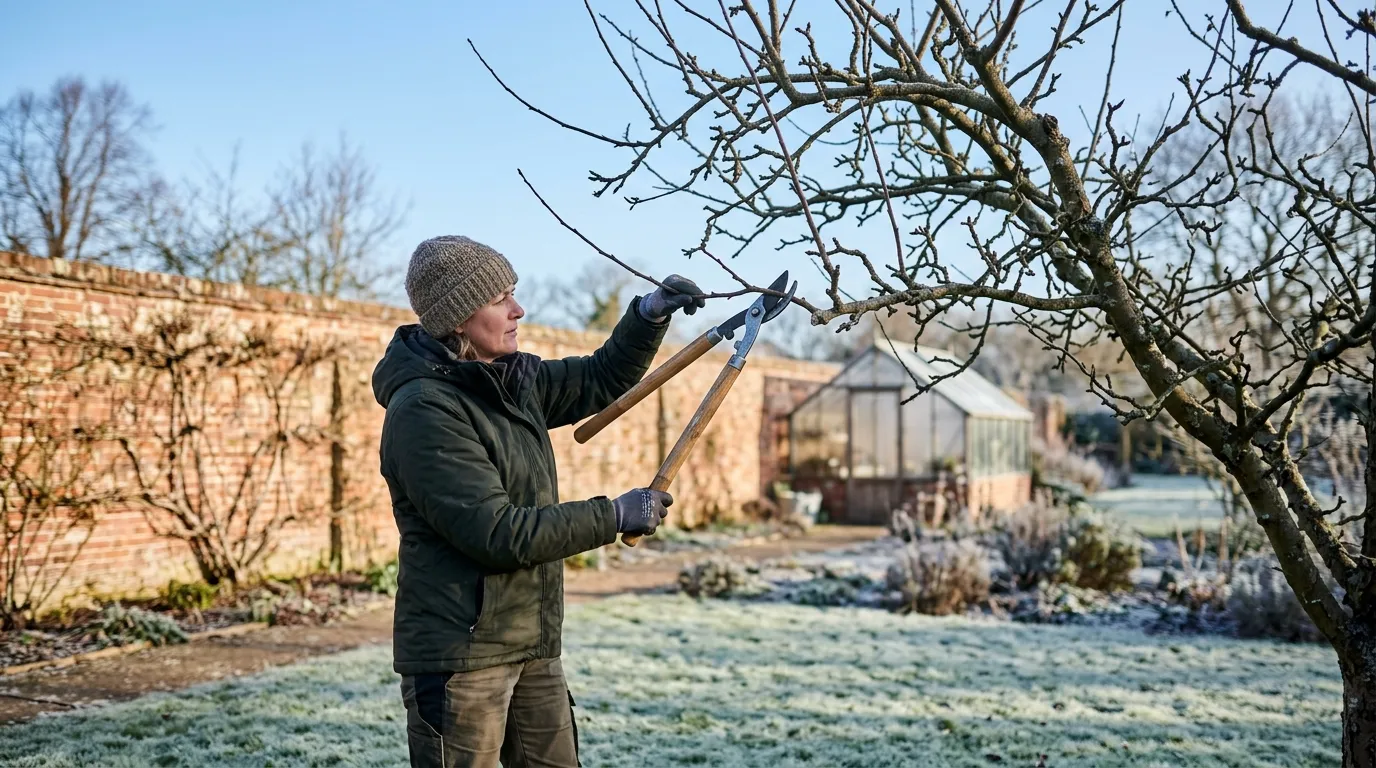 Gardener following a year-round pruning calendar UK in a winter English cottage garden with secateurs