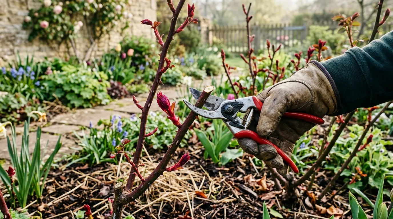 Bypass secateurs making an angled pruning cut on a rose stem in early March following the UK pruning calendar