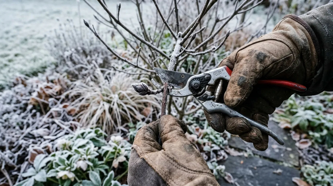 Close-up of a gardener using bypass secateurs to prune a dormant shrub in a winter UK garden following a pruning calendar