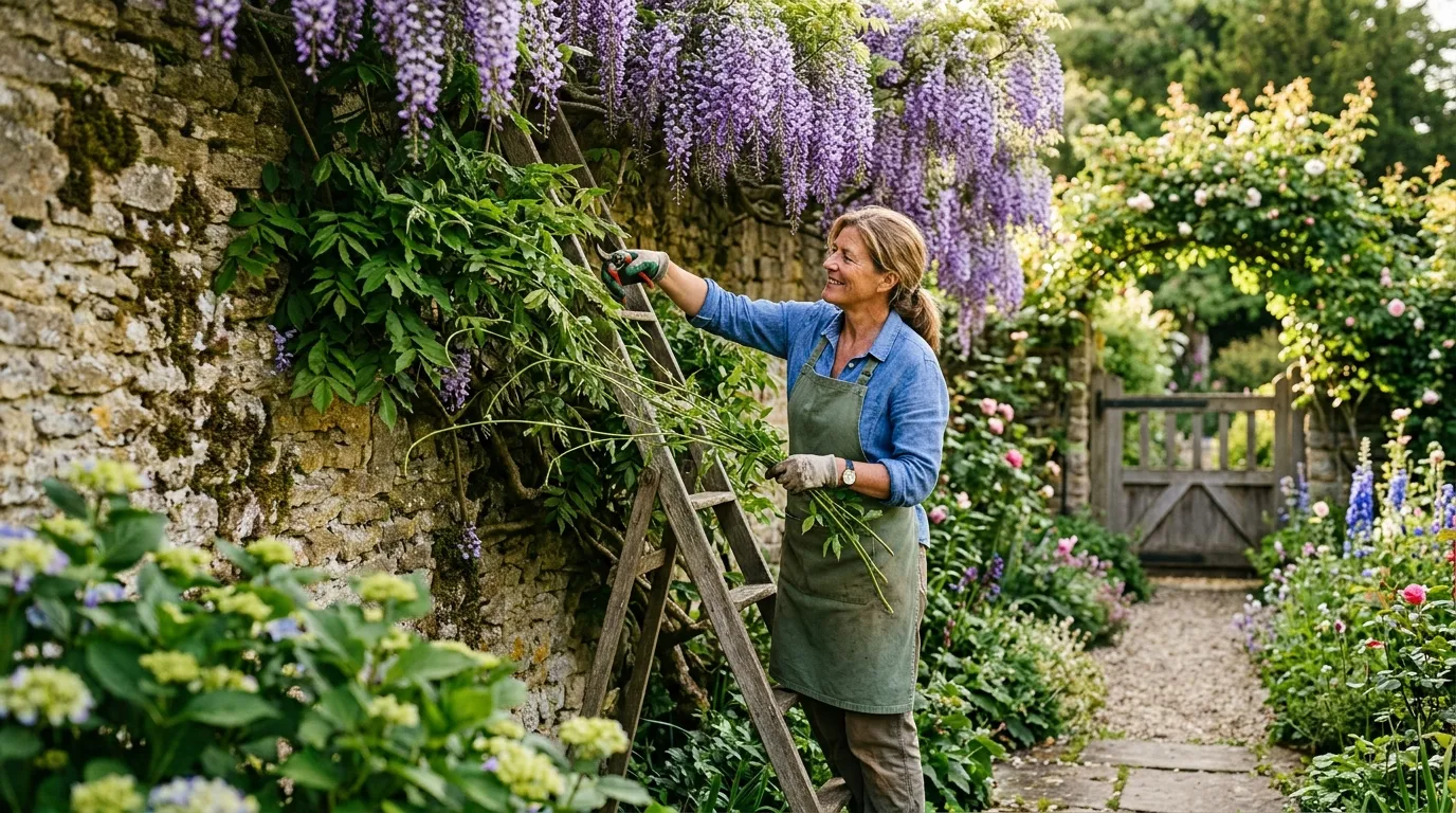 Gardener pruning wisteria shoots in summer as part of a UK pruning calendar routine