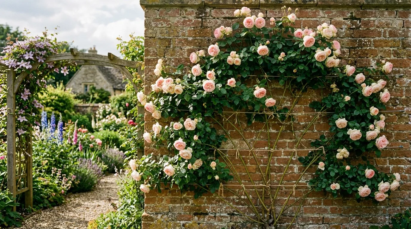A climbing rose trained on a brick wall with horizontal wires, showing the fan shape of tied-in canes