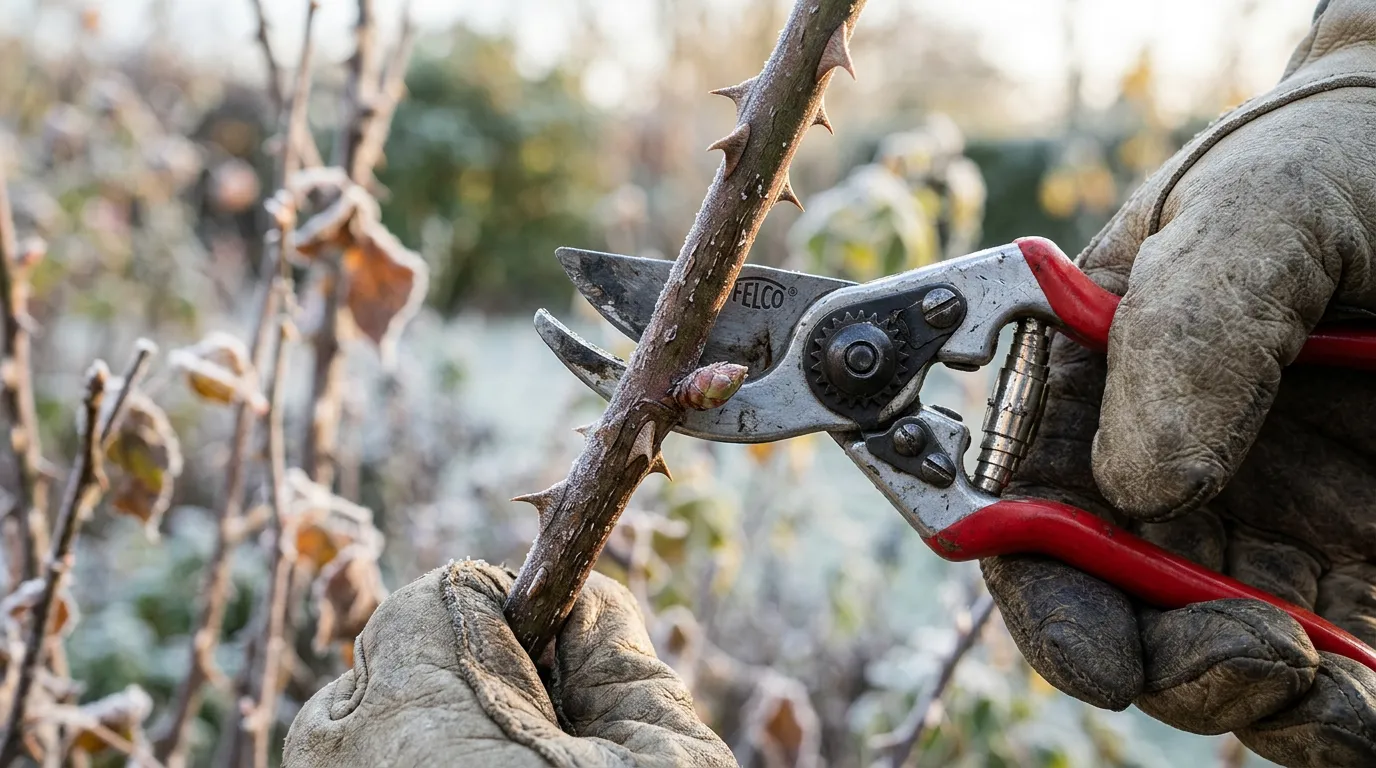 Close-up of bypass secateurs making an angled cut on a rose stem just above an outward-facing bud