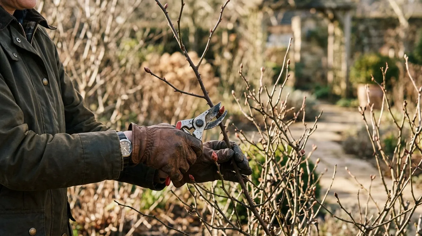 Close-up of gloved hands pruning a hybrid tea rose bush with bypass secateurs in a sunny English garden