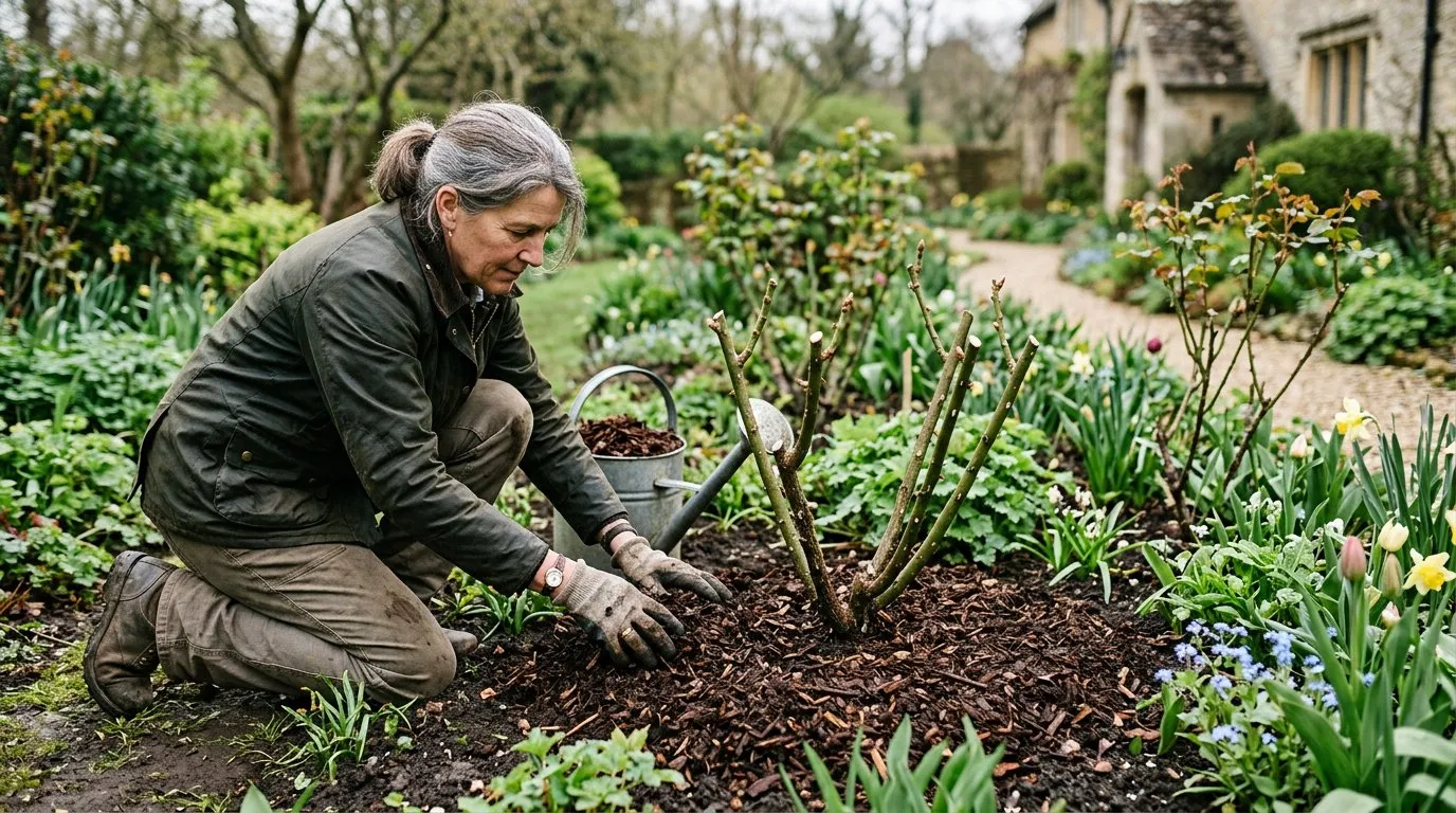 Gardener spreading mulch around the base of a freshly pruned rose bush in a garden border