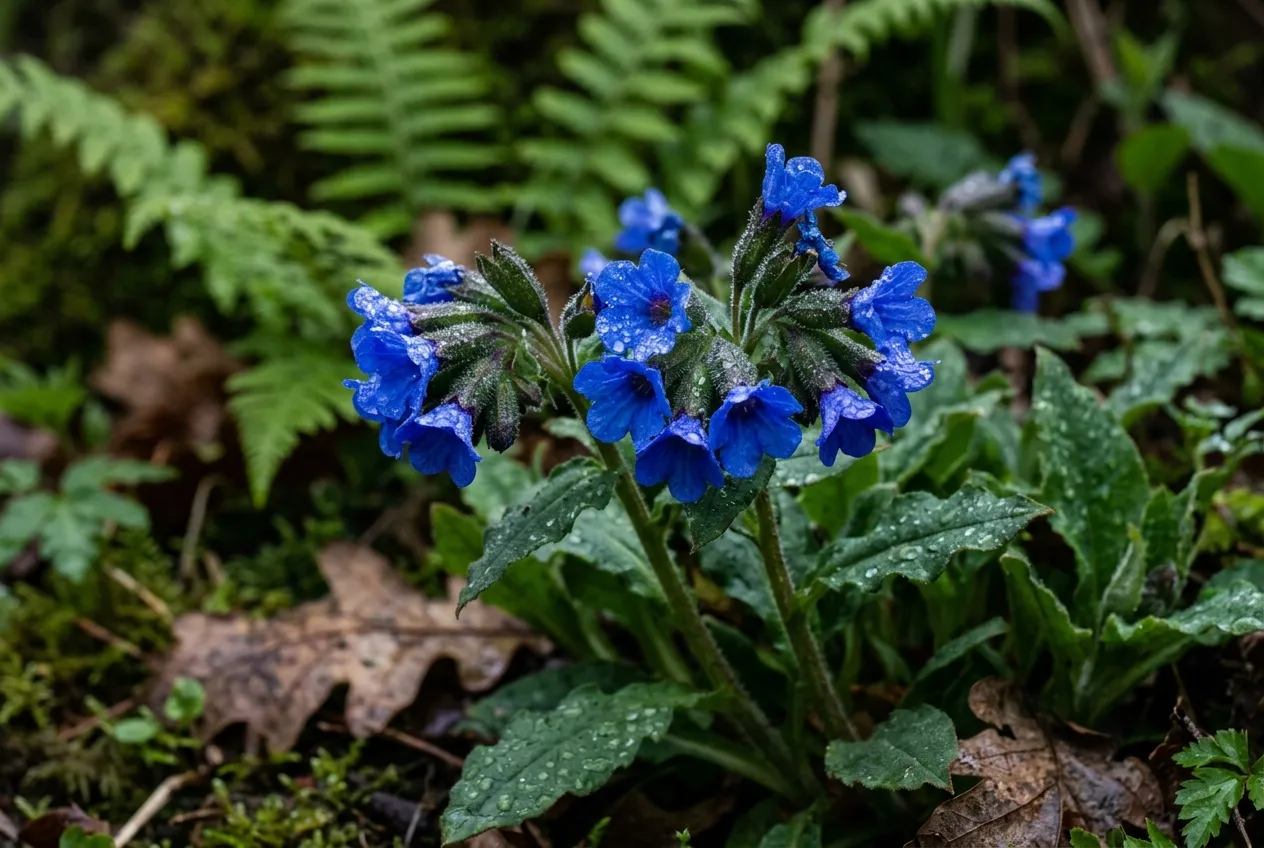 Pulmonaria Blue Ensign variety with deep blue flowers growing in a UK woodland garden