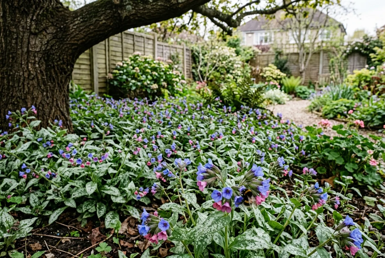 Pulmonaria growing as ground cover under a tree in a UK suburban garden with bees visiting