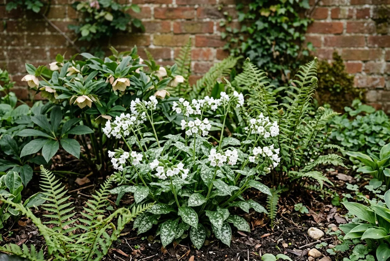 Pulmonaria Sissinghurst White variety flowering in a shady UK town garden with hellebores and ferns
