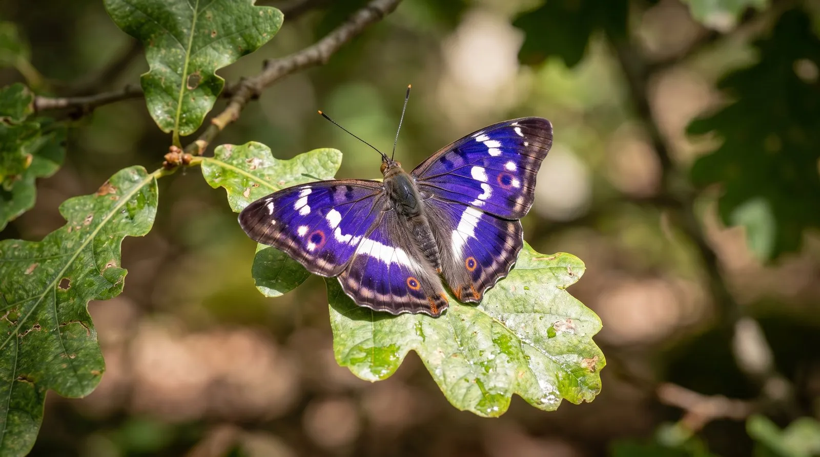 A male Purple Emperor butterfly with an iridescent purple sheen resting on an oak leaf in dappled woodland light