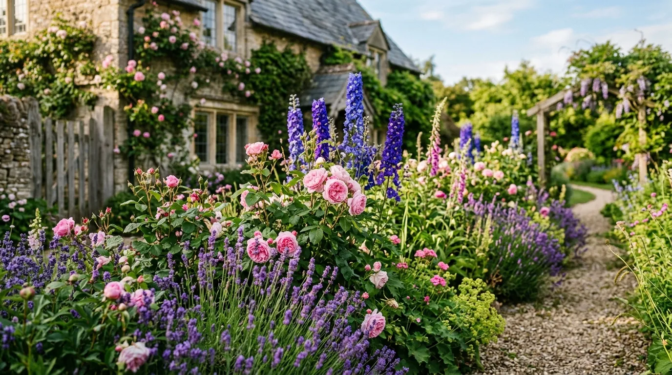 Purple, pink and blue flowers growing together in a UK cottage garden border