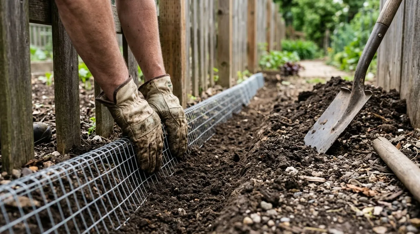 Hands laying chicken-wire L-footer into a shallow trench along a garden fence line